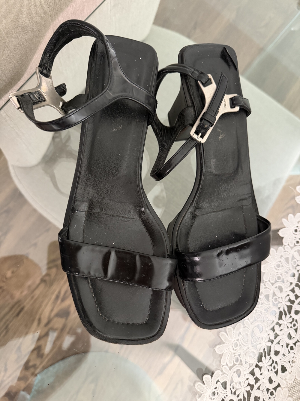 Prada Black Patent Square-Toe Ankle Strap Sandals
